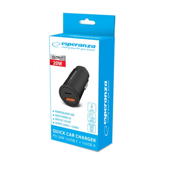 Esperanza Зарядно за автомобил 20W USB-C PD 20W / USB-A QC