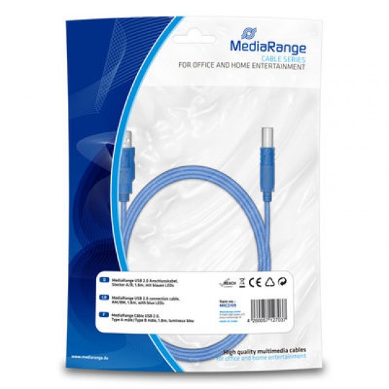 MediaRange Свързващ кабел 1.8M USB 2.0 blue LED